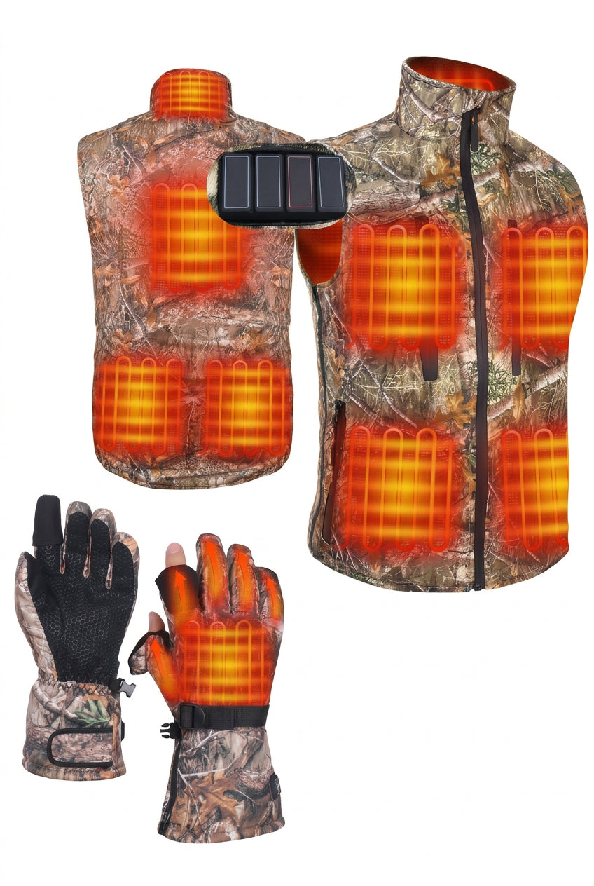 Heated Vest and Glove Set with Eight Carbon Fiber Zones and Flip Fingertips