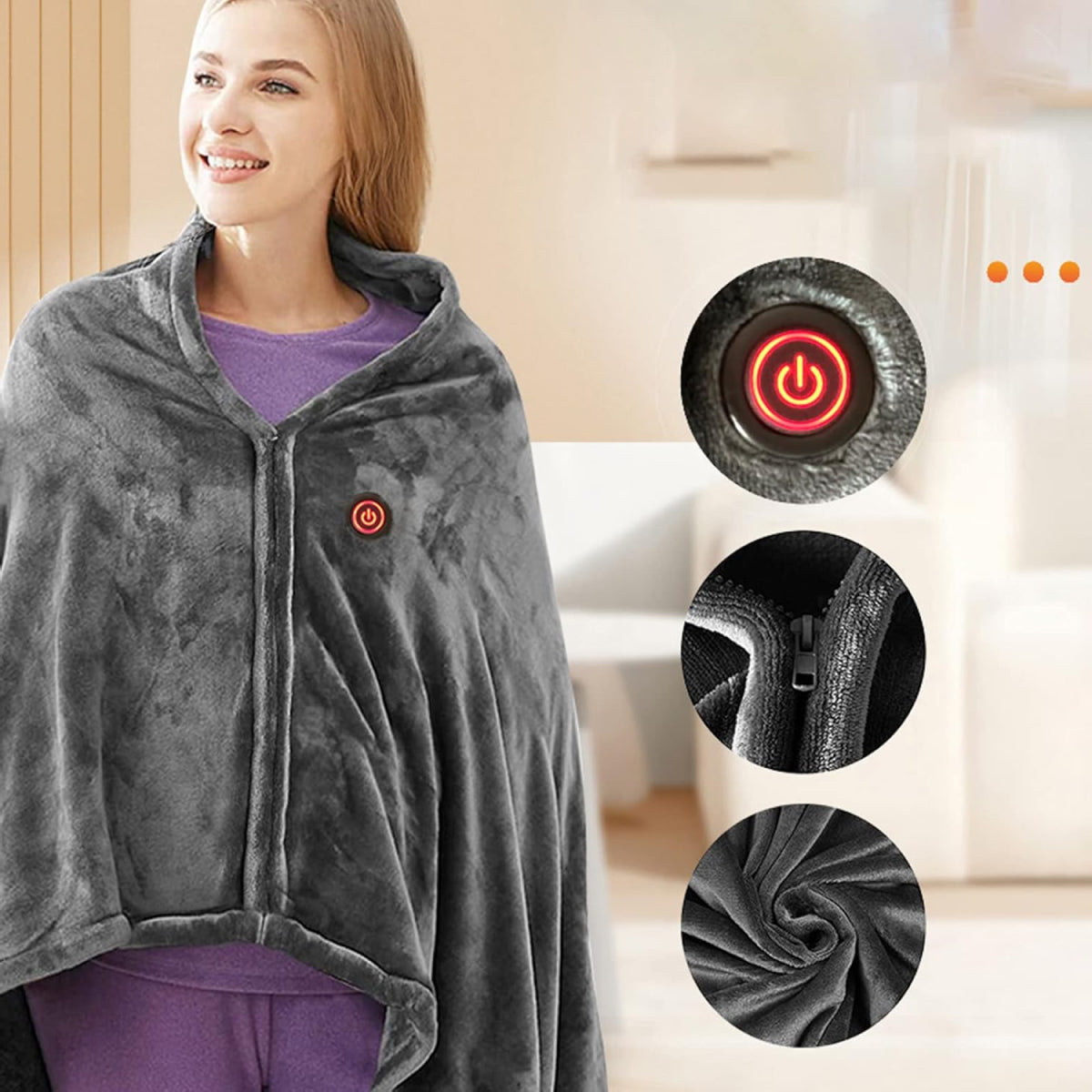 Heated Shawl Blanket with Zipper and Three Heat Levels, Machine Washable
