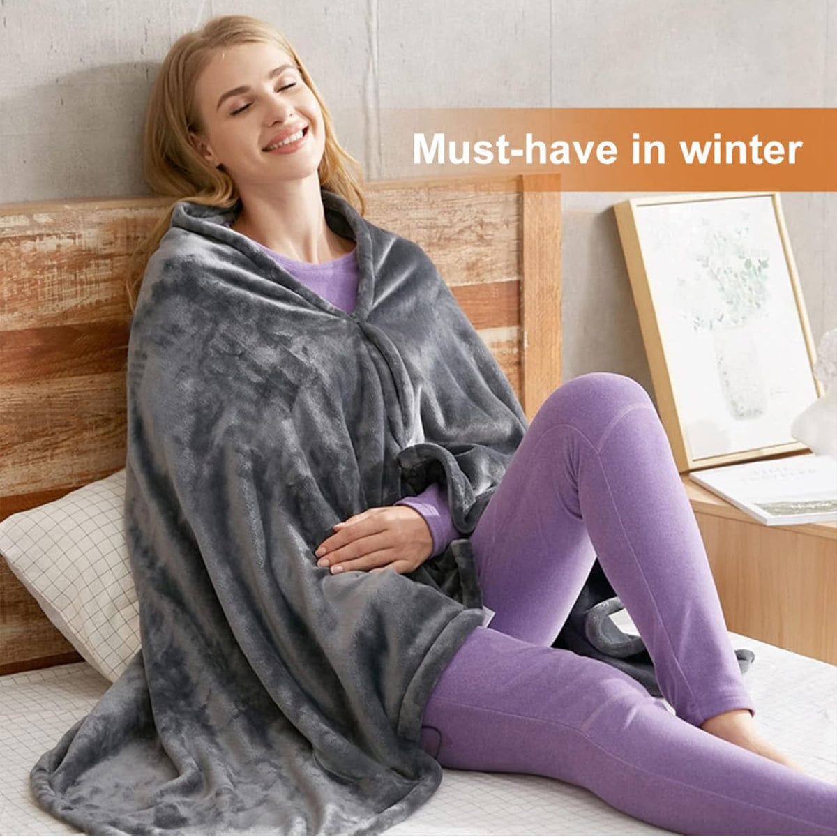 Heated Shawl Blanket with Zipper and Three Heat Levels, Machine Washable