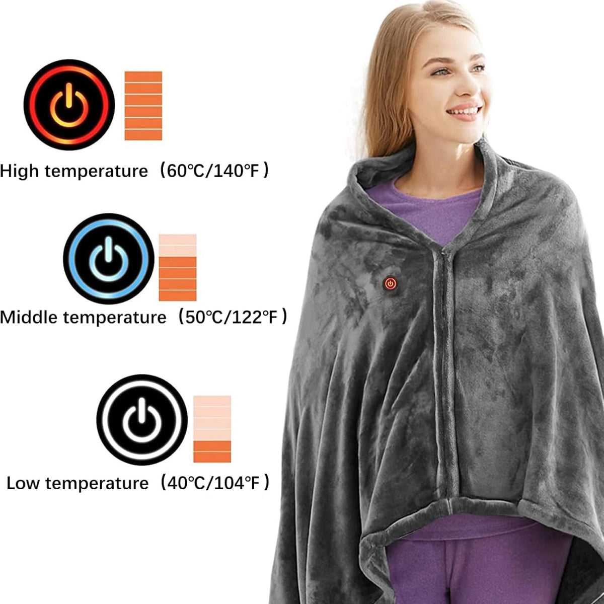 Heated Shawl Blanket with Zipper and Three Heat Levels, Machine Washable