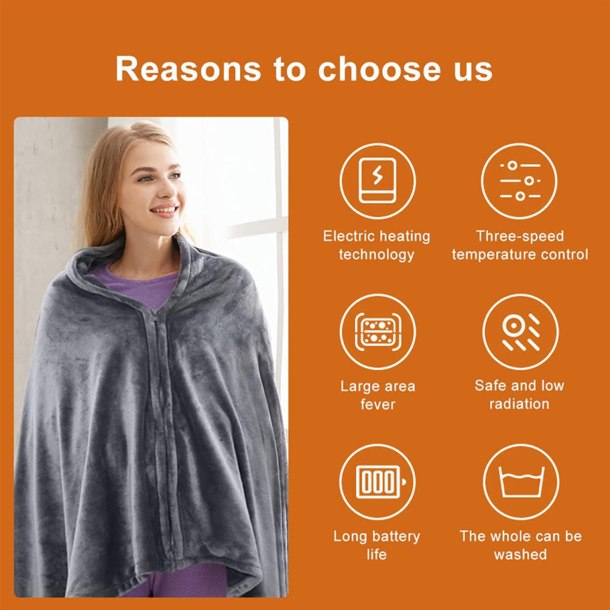 Heated Shawl Blanket with Zipper and Three Heat Levels, Machine Washable