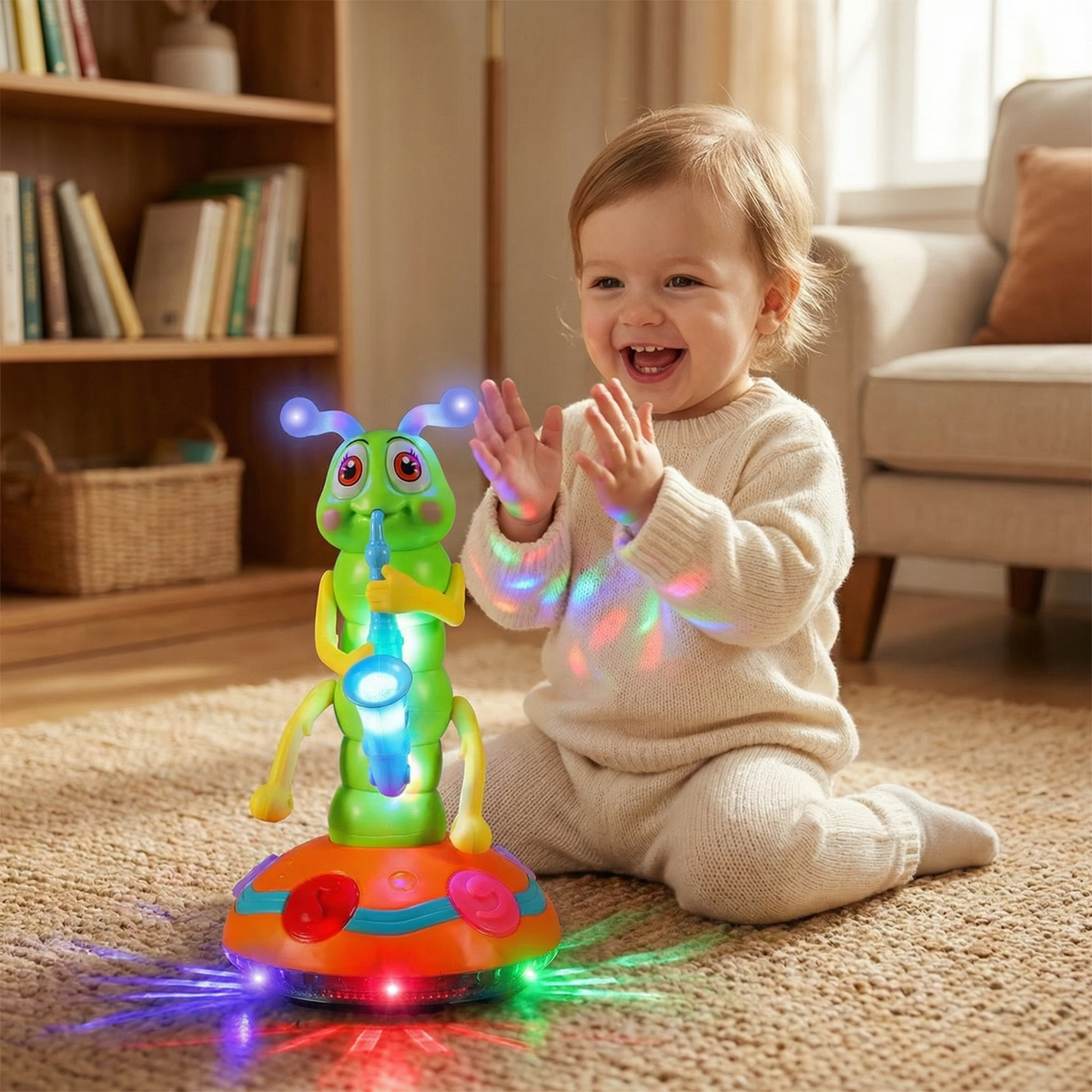 Spinning Saxophone Caterpillar Toy with LED Lights and Music for Toddlers