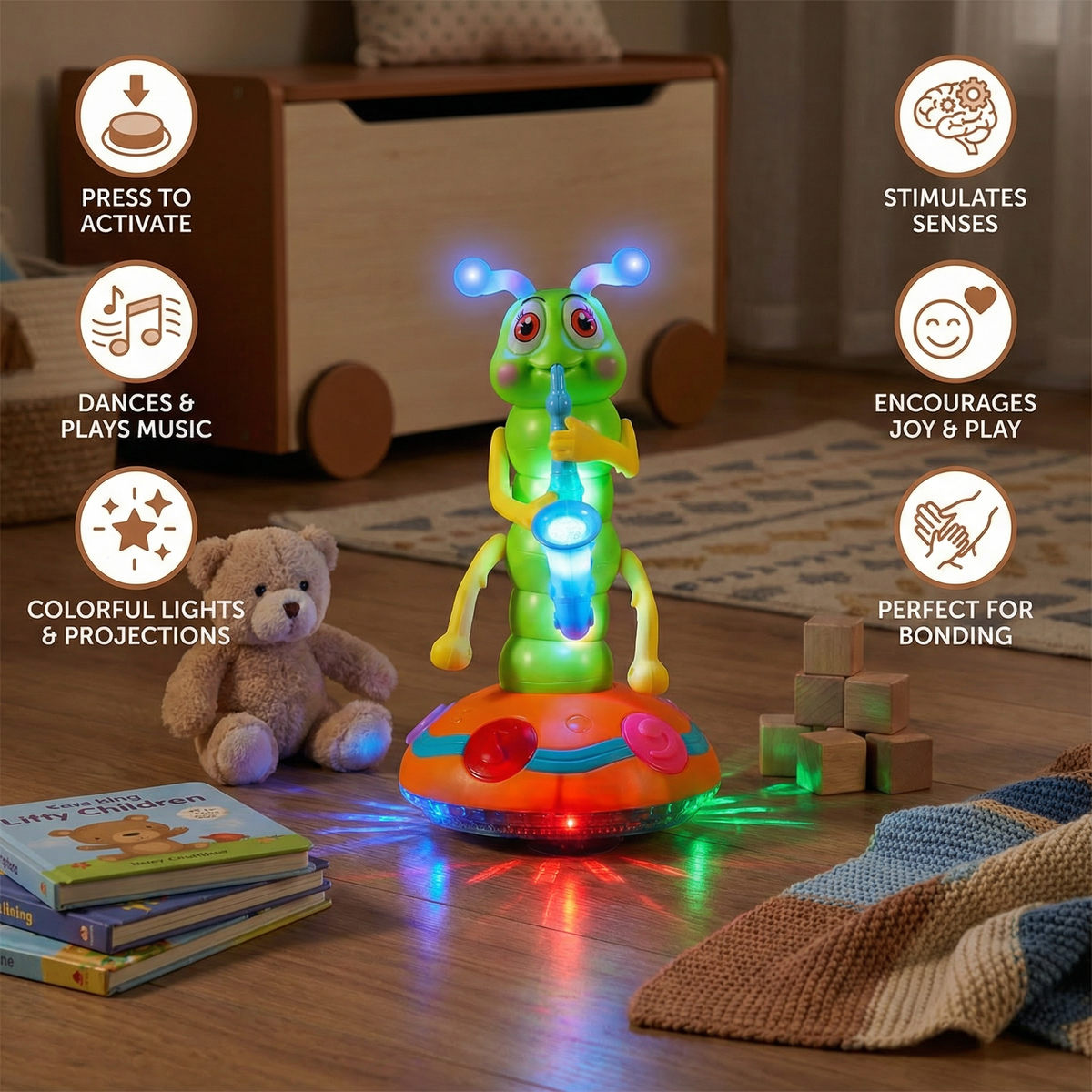 Spinning Saxophone Caterpillar Toy with LED Lights and Music for Toddlers