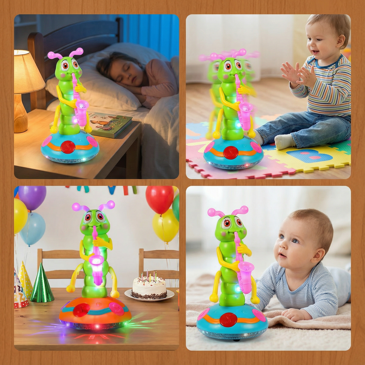 Spinning Saxophone Caterpillar Toy with LED Lights and Music for Toddlers