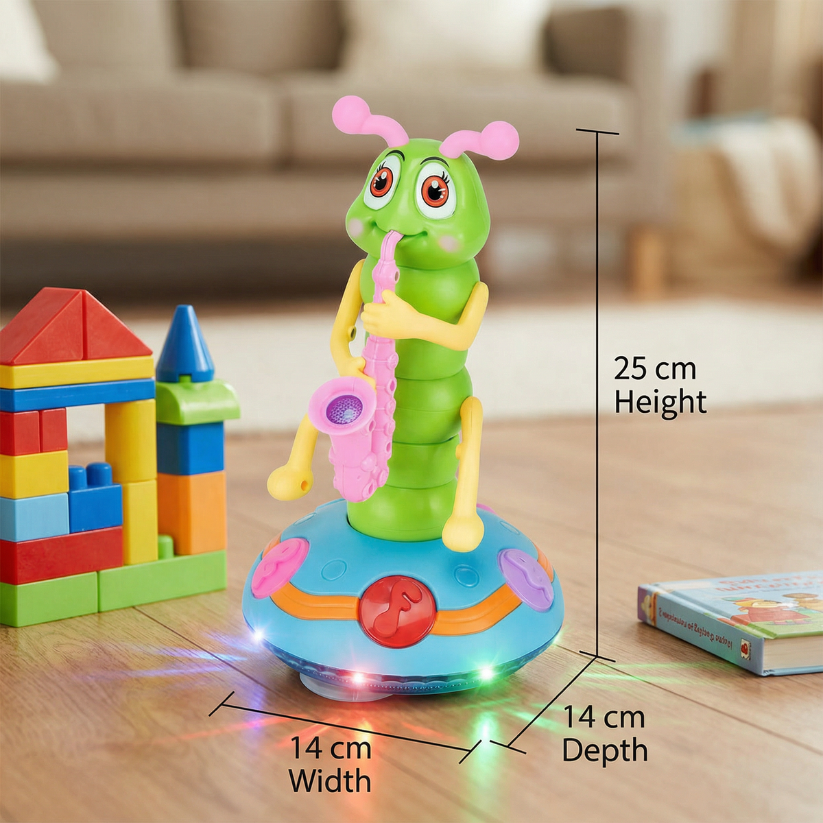 Spinning Saxophone Caterpillar Toy with LED Lights and Music for Toddlers