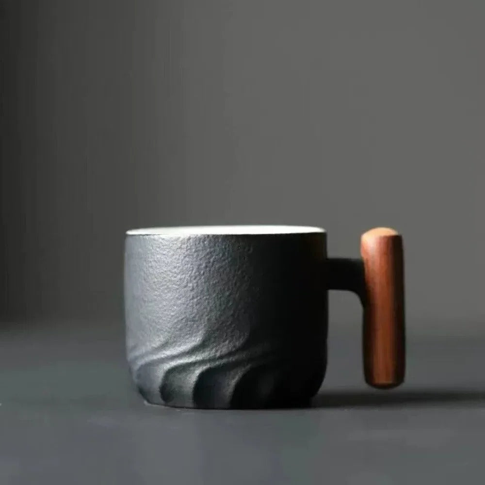 Ceramic Espresso Cup with Wooden Handle and Heat Retention, 80ml Capacity
