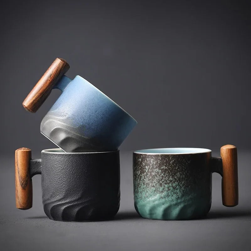 Ceramic Espresso Cup with Wooden Handle and Heat Retention, 80ml Capacity