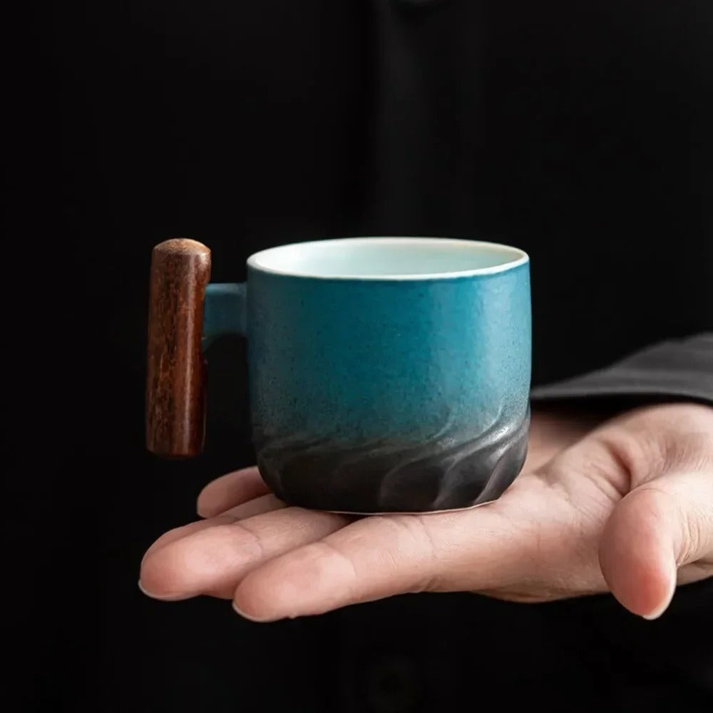 Ceramic Espresso Cup with Wooden Handle and Heat Retention, 80ml Capacity