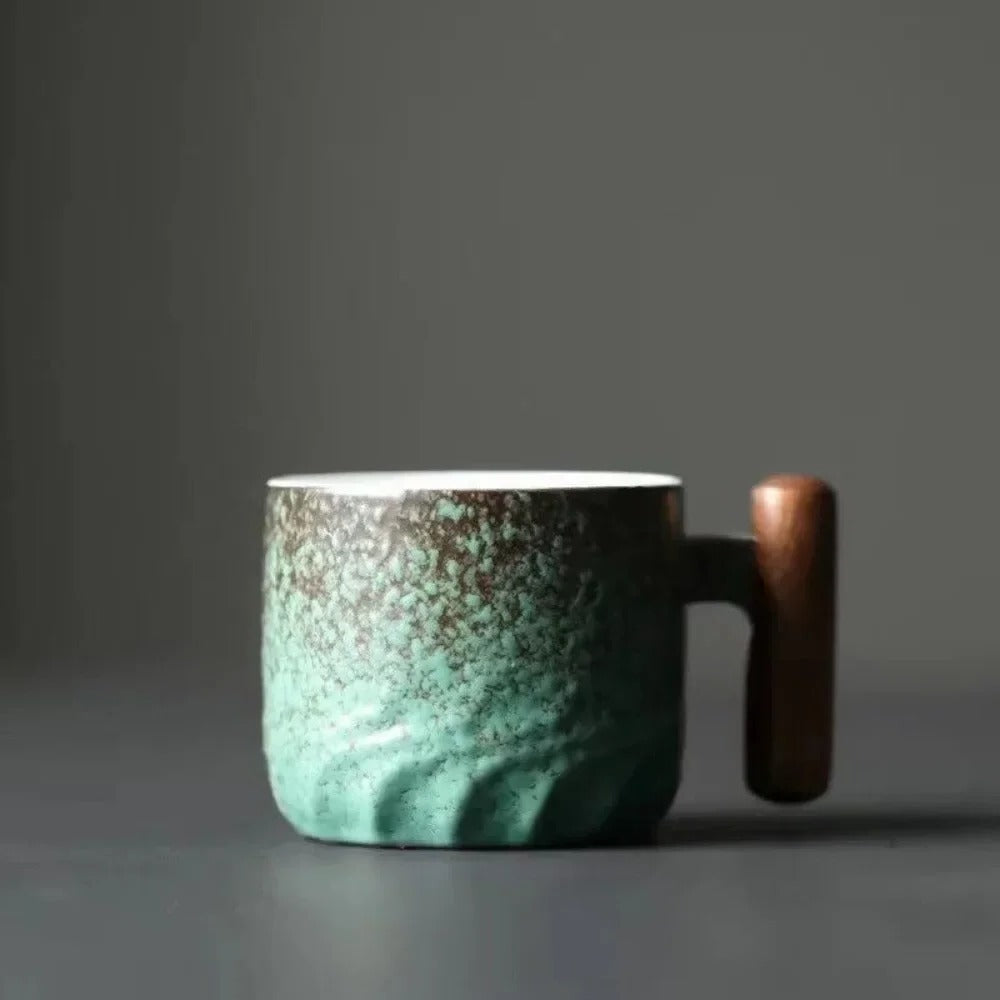 Ceramic Espresso Cup with Wooden Handle and Heat Retention, 80ml Capacity