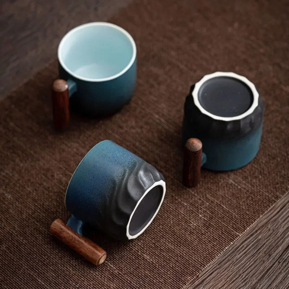 Ceramic Espresso Cup with Wooden Handle and Heat Retention, 80ml Capacity