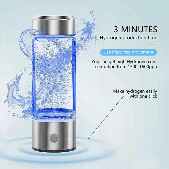 Hydrogen Water Bottle with Internal Electrolysis, One Button Control and a Rechargeable 300 ml Body