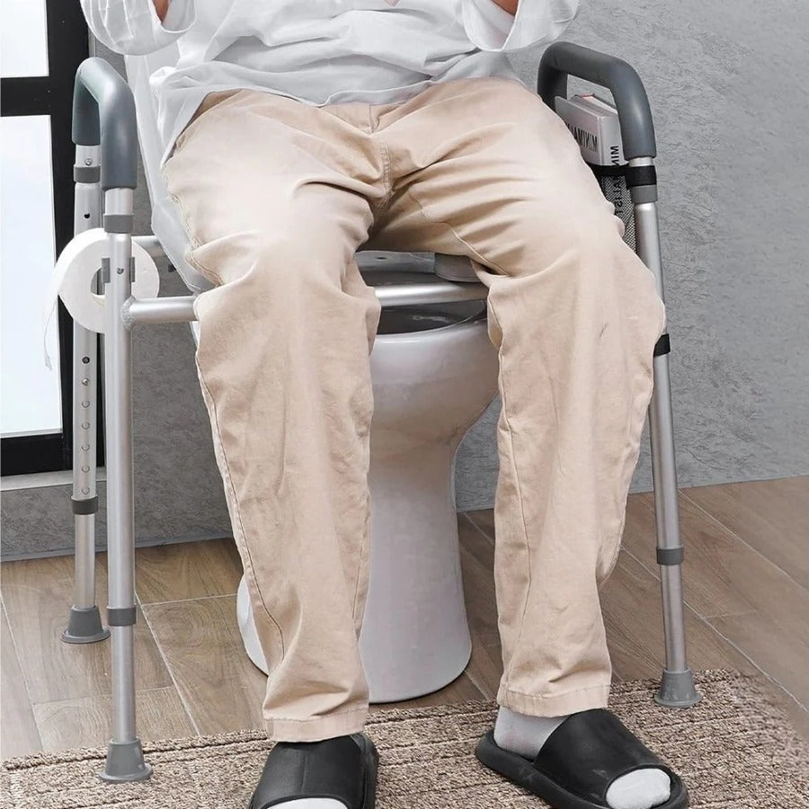 Adjustable Height Raised Toilet Seat Frame with Padded Armrests and Aluminum Body