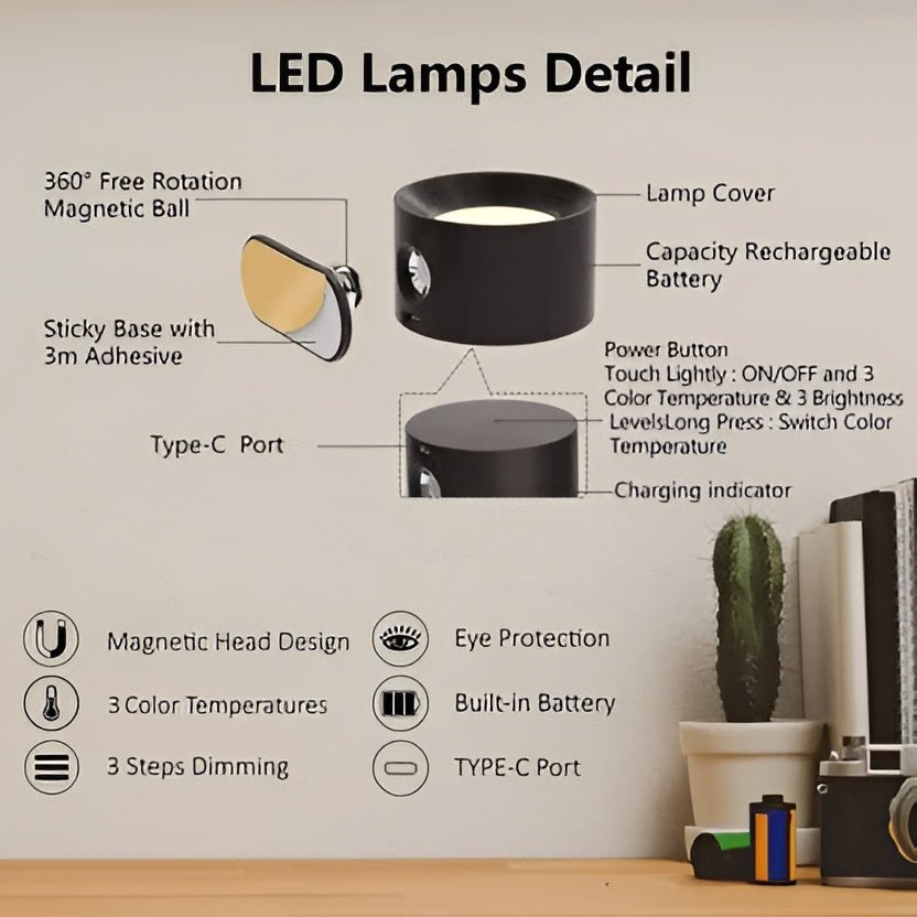 Cordless Wall Light with Magnetic Rotation and Touch Control, 3 Color Temperatures - Alverraliving