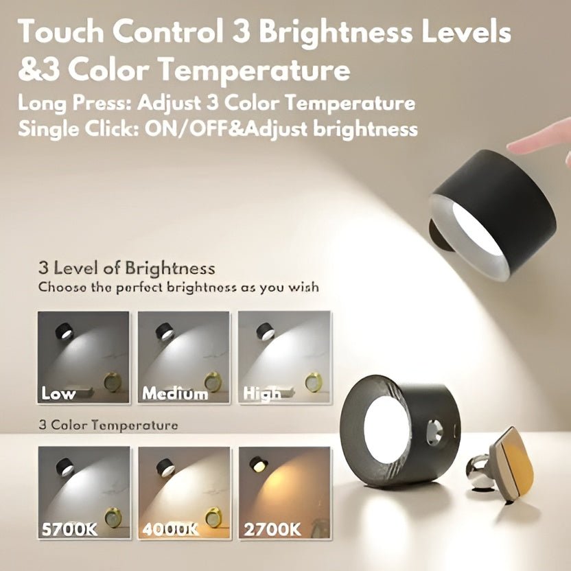 Cordless Wall Light with Magnetic Rotation and Touch Control, 3 Color Temperatures - Alverraliving