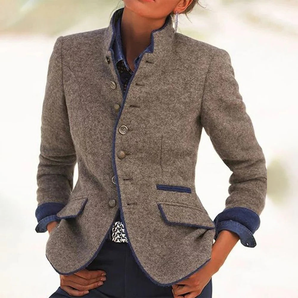 Tailored Two Tone Blazer with Stand Collar and Button Front, Cropped Length