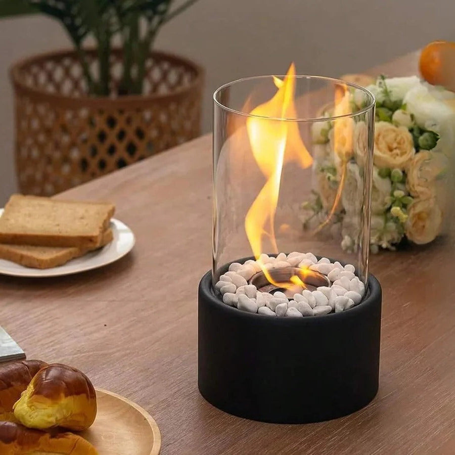 Tabletop Ethanol Fireplace with Glass Cylinder and Decorative Stones