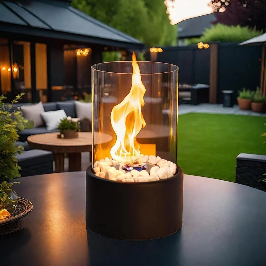 Tabletop Ethanol Fireplace with Glass Cylinder and Decorative Stones