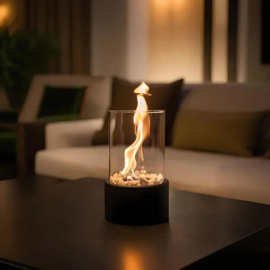 Tabletop Ethanol Fireplace with Glass Cylinder and Decorative Stones