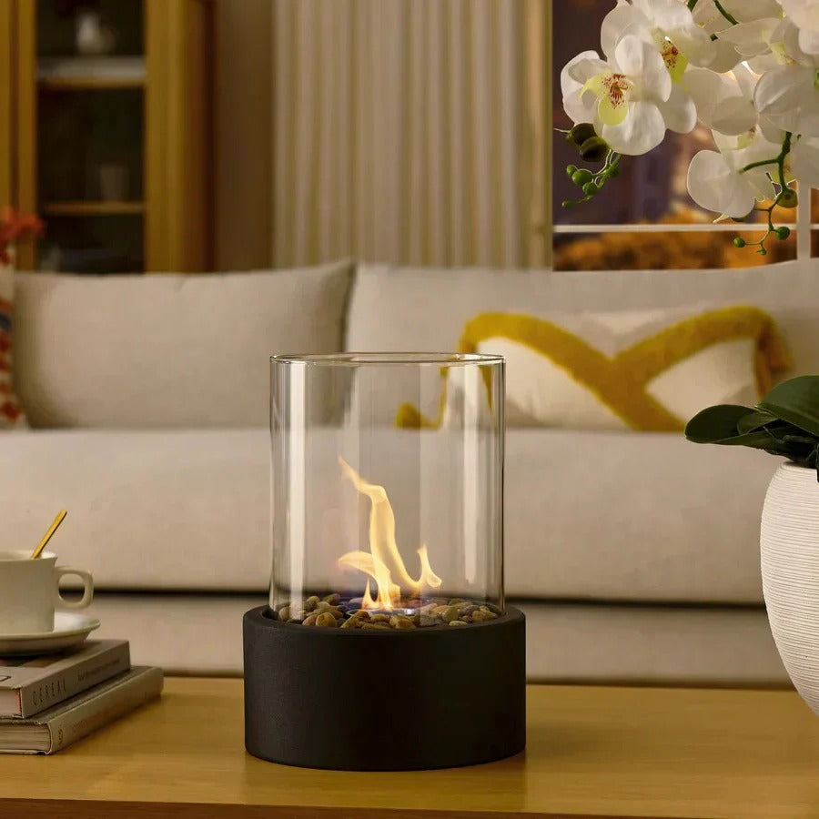 Tabletop Ethanol Fireplace with Glass Cylinder and Decorative Stones