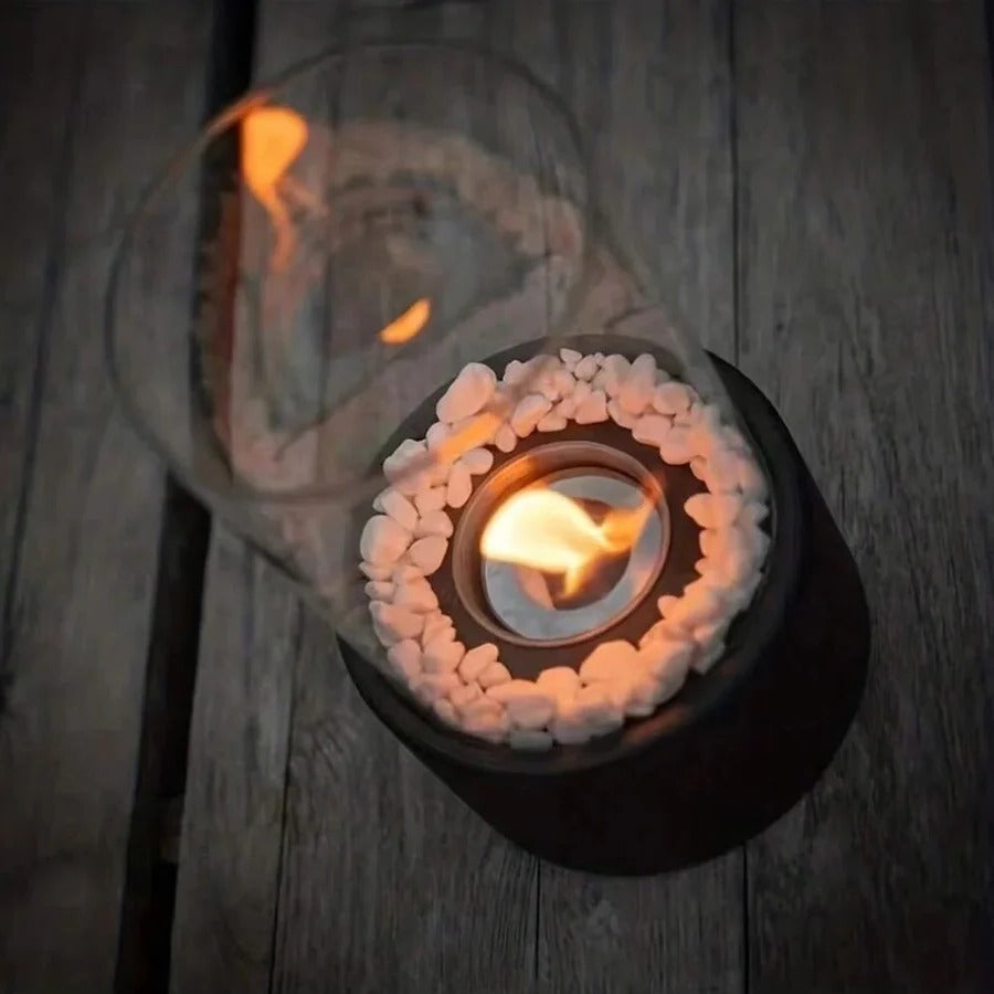 Tabletop Ethanol Fireplace with Glass Cylinder and Decorative Stones