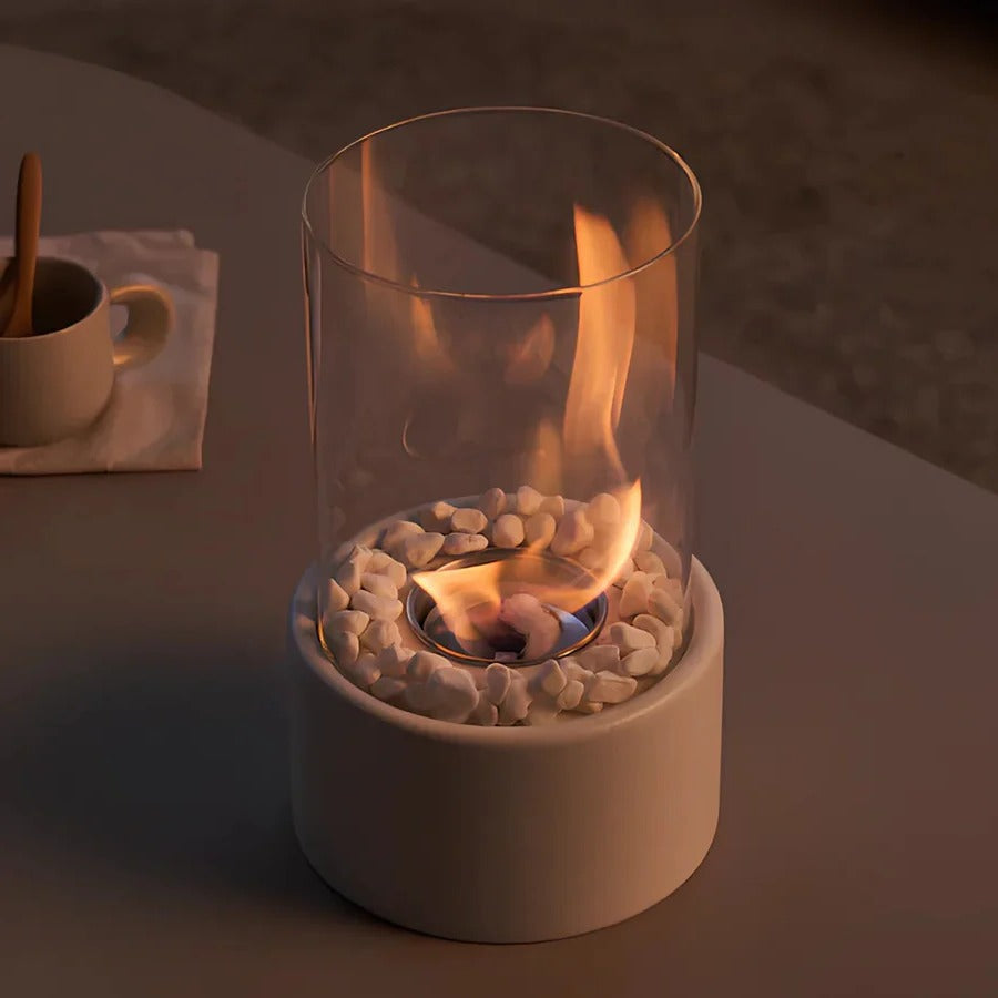 Tabletop Ethanol Fireplace with Glass Cylinder and Decorative Stones