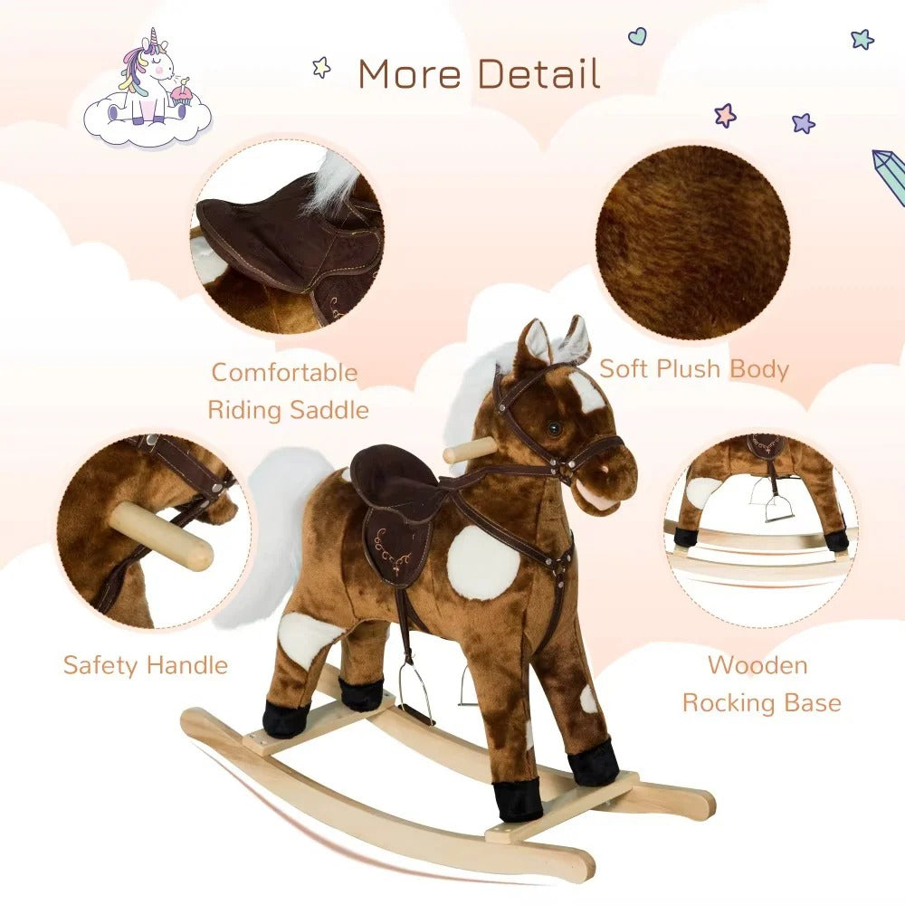 Plush Covered Rocking Horse Ride on with Nursery Rhyme Music for Toddlers in Dark Brown