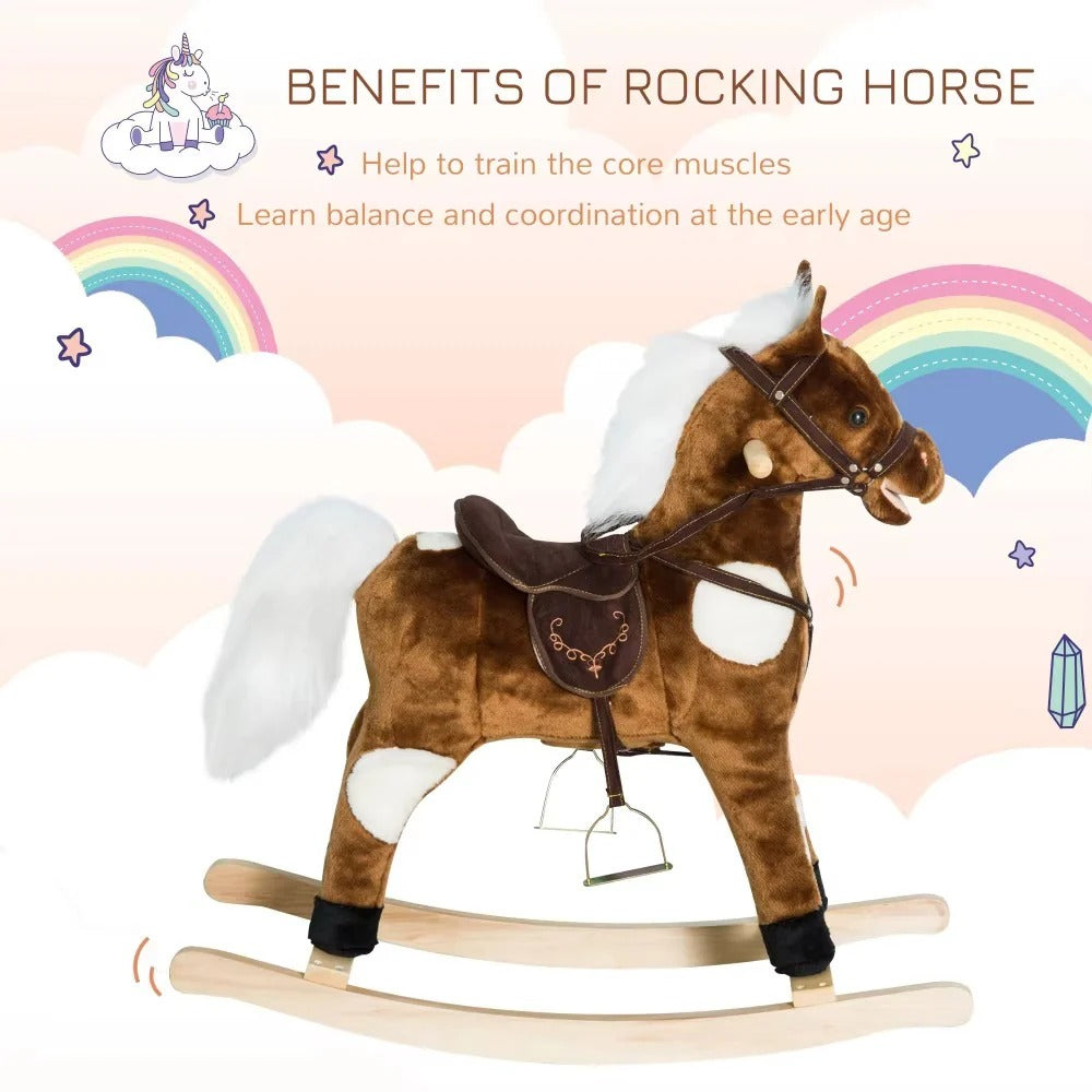 Plush Covered Rocking Horse Ride on with Nursery Rhyme Music for Toddlers in Dark Brown