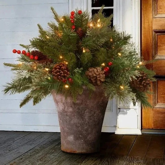 Battery Operated Evergreen Urn Filler with 35 Warm White LED Lights and Timer
