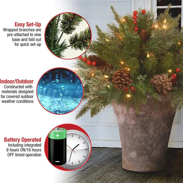 Battery Operated Evergreen Urn Filler with 35 Warm White LED Lights and Timer