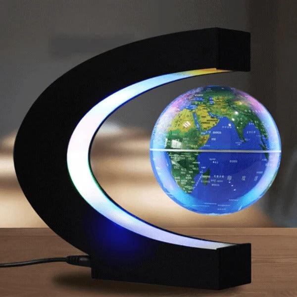 Levitating Globe with C Shaped LED Frame, Rotating Earth and 12V Adapter in Blue, Gold or Black