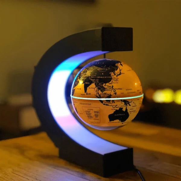 Levitating Globe with C Shaped LED Frame, Rotating Earth and 12V Adapter in Blue, Gold or Black