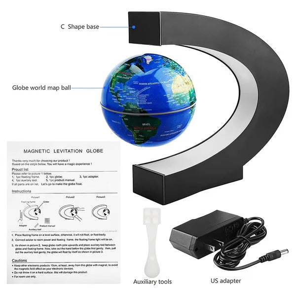 Levitating Globe with C Shaped LED Frame, Rotating Earth and 12V Adapter in Blue, Gold or Black
