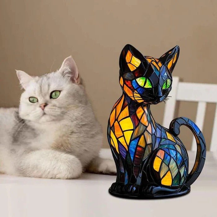 Decorative Cat Table Lamp with Stained Glass Panels and Warm LED Light - Alverraliving