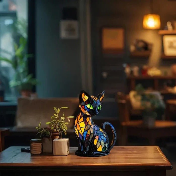 Decorative Cat Table Lamp with Stained Glass Panels and Warm LED Light - Alverraliving