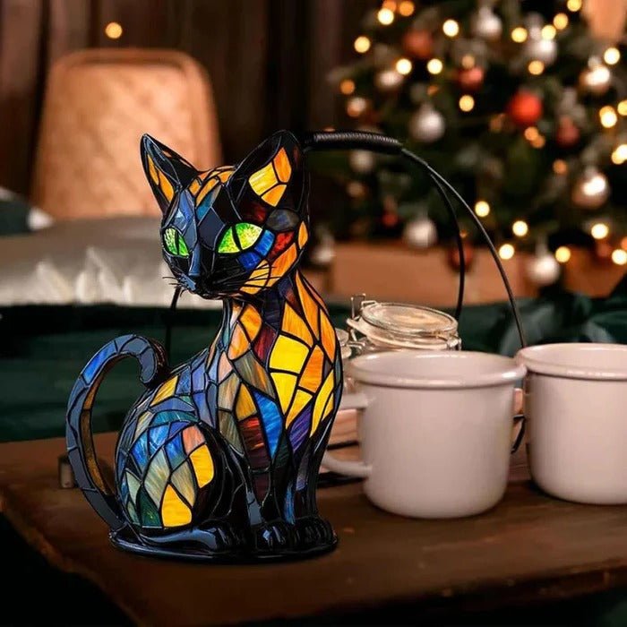 Decorative Cat Table Lamp with Stained Glass Panels and Warm LED Light - Alverraliving