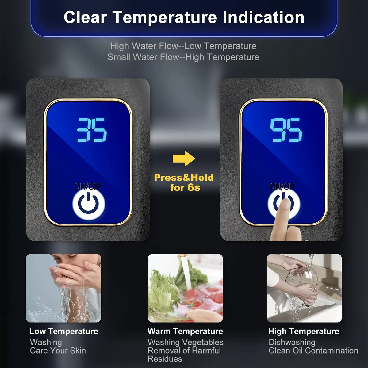 Electric Tankless Water Heater with LED Temperature Display and Safety Sensors