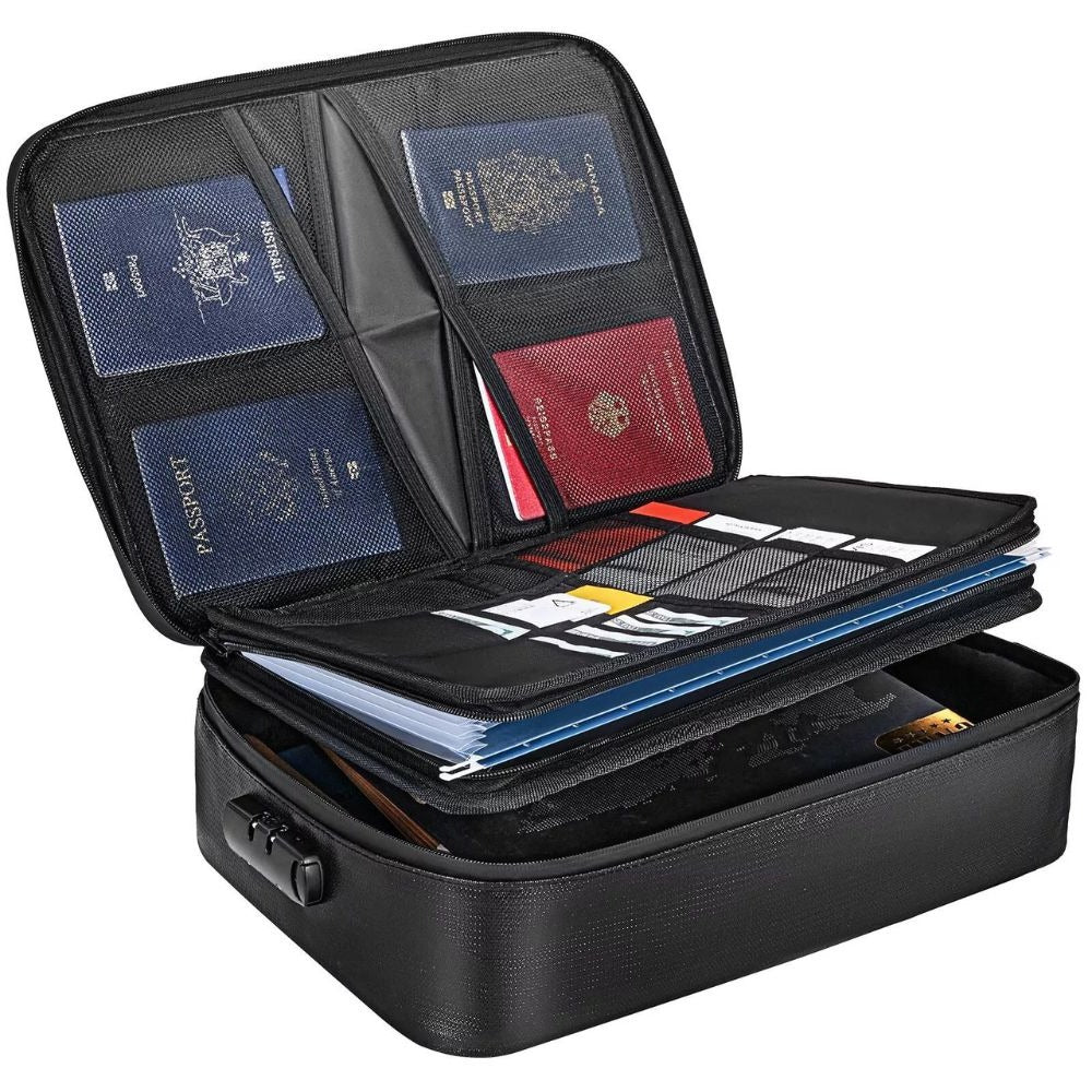 Document Storage Bag with Heat Resistant Material and Locking Closure, 3 Compartments