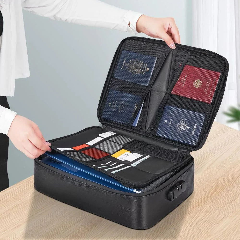 Document Storage Bag with Heat Resistant Material and Locking Closure, 3 Compartments