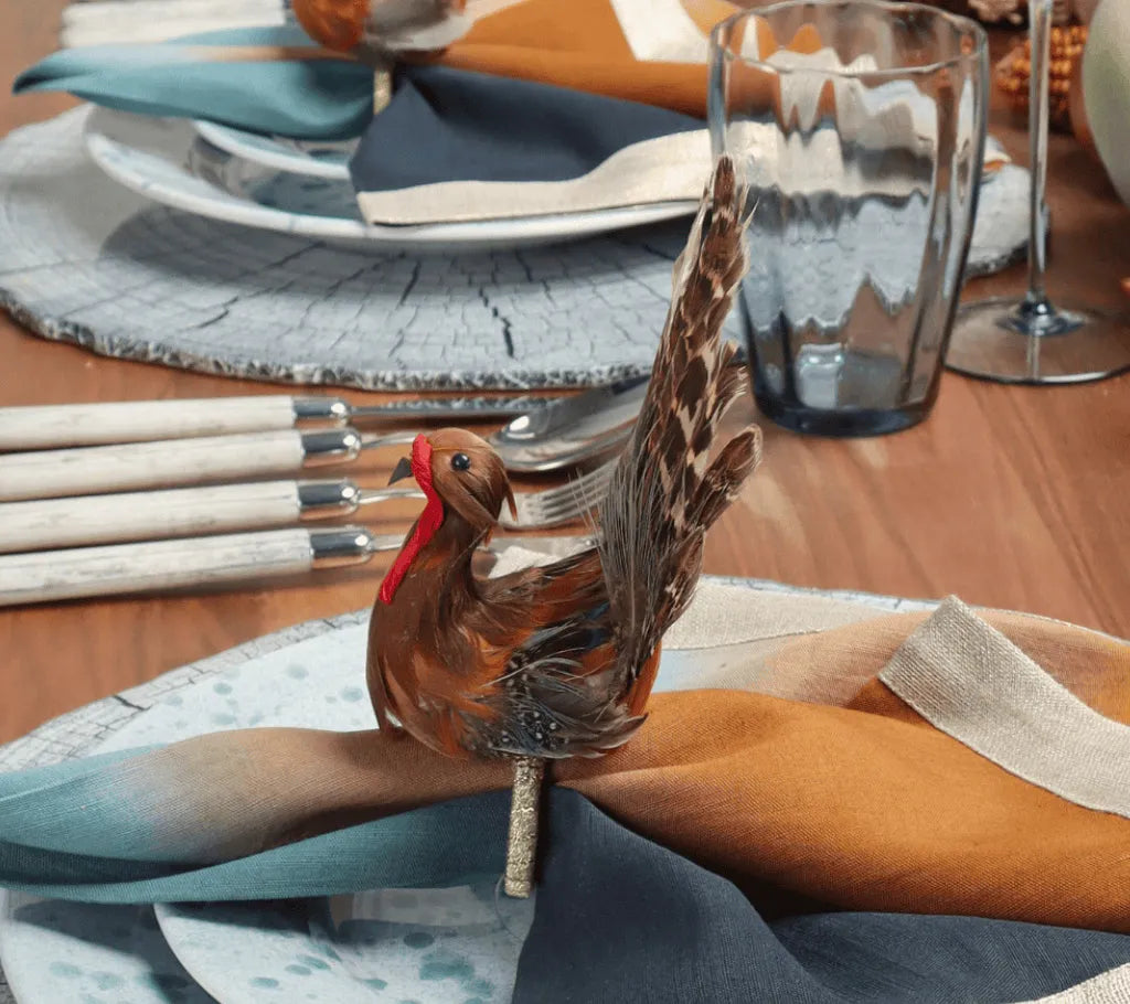 Turkey Shape Napkin Rings with Natural Feathers, Set of 4