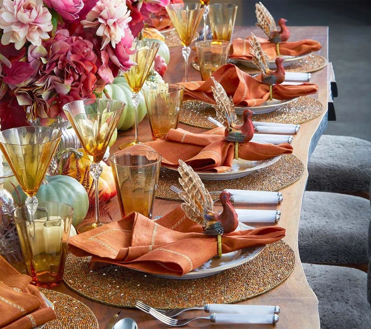 Turkey Shape Napkin Rings with Natural Feathers, Set of 4