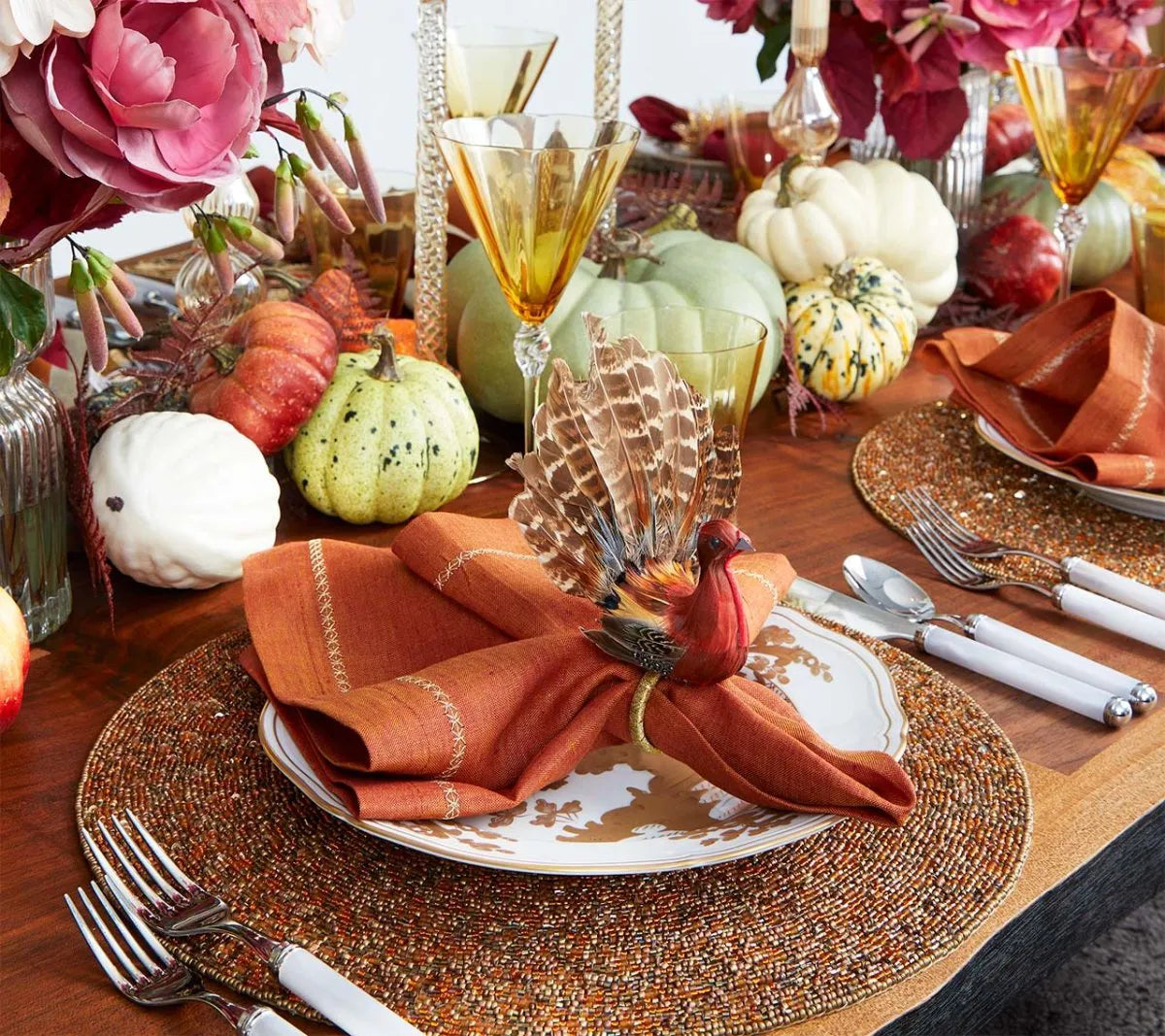 Turkey Shape Napkin Rings with Natural Feathers, Set of 4