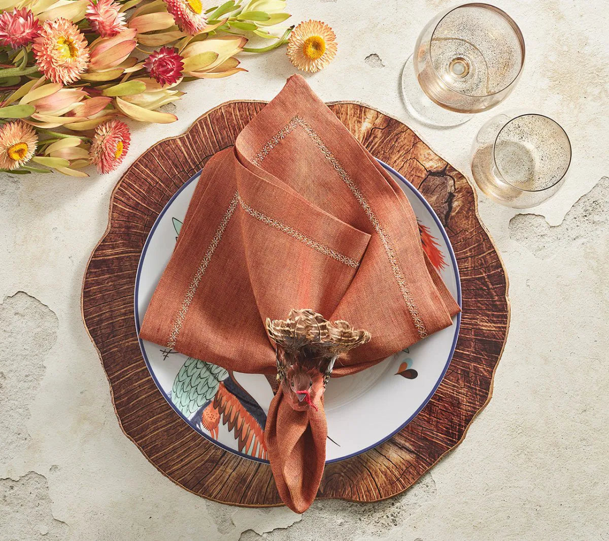 Turkey Shape Napkin Rings with Natural Feathers, Set of 4