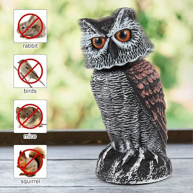 Owl Decoy Set of 2 with 360 Degree Rotating Head and Fillable Base for Garden and Patio