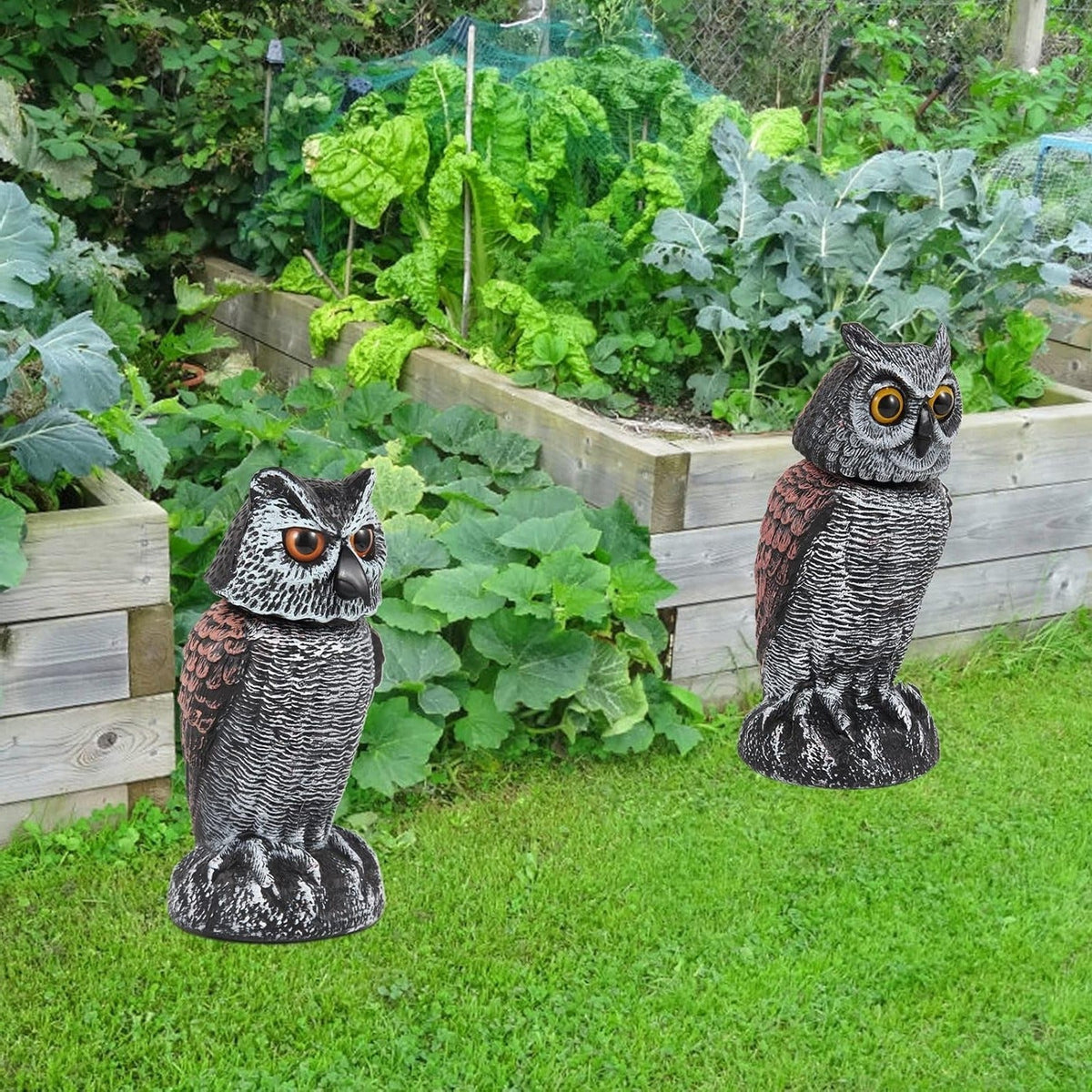 Owl Decoy Set of 2 with 360 Degree Rotating Head and Fillable Base for Garden and Patio
