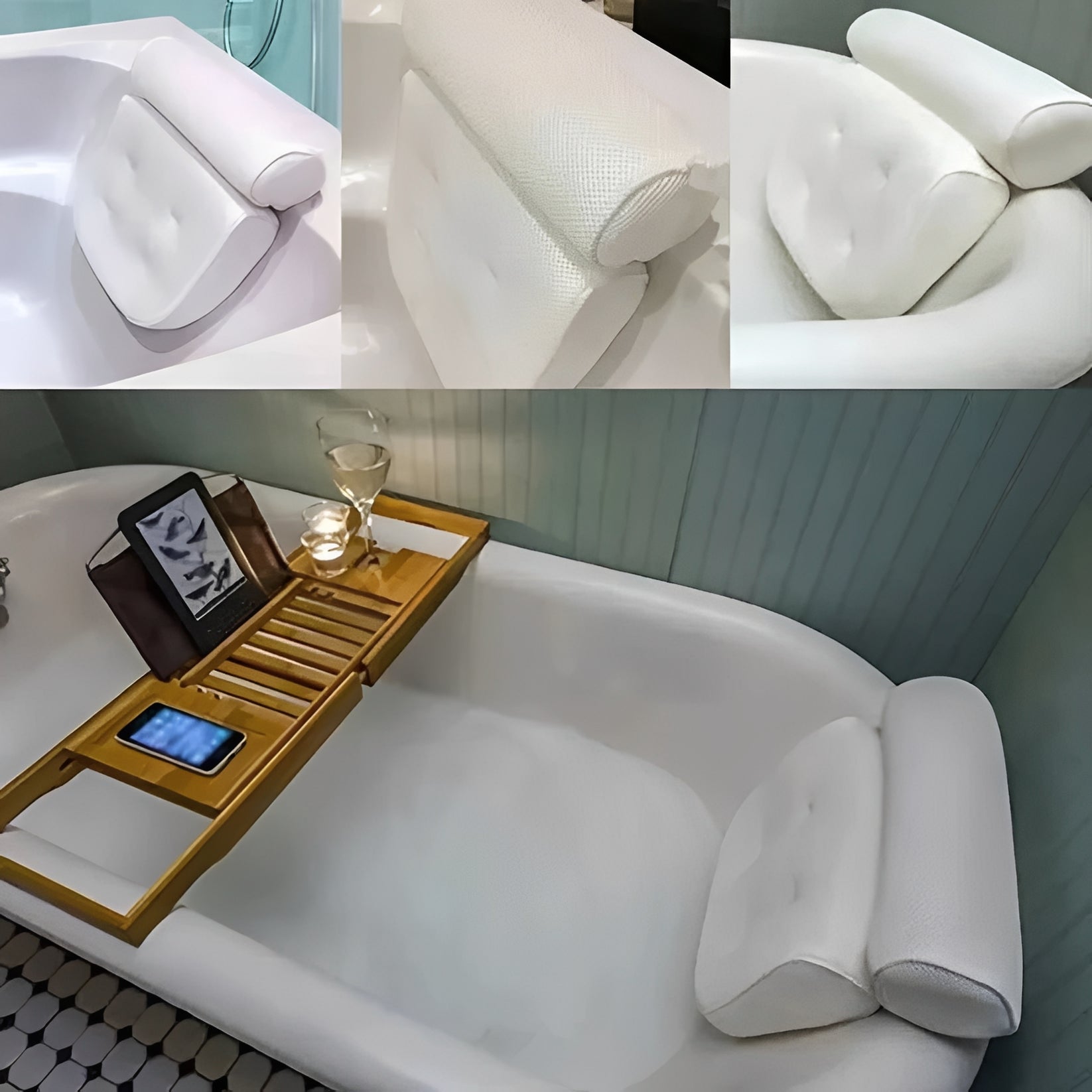 Ergonomic Bath Pillow with 6-Cup Suction and Quick Dry Mesh for Head and Shoulder Support