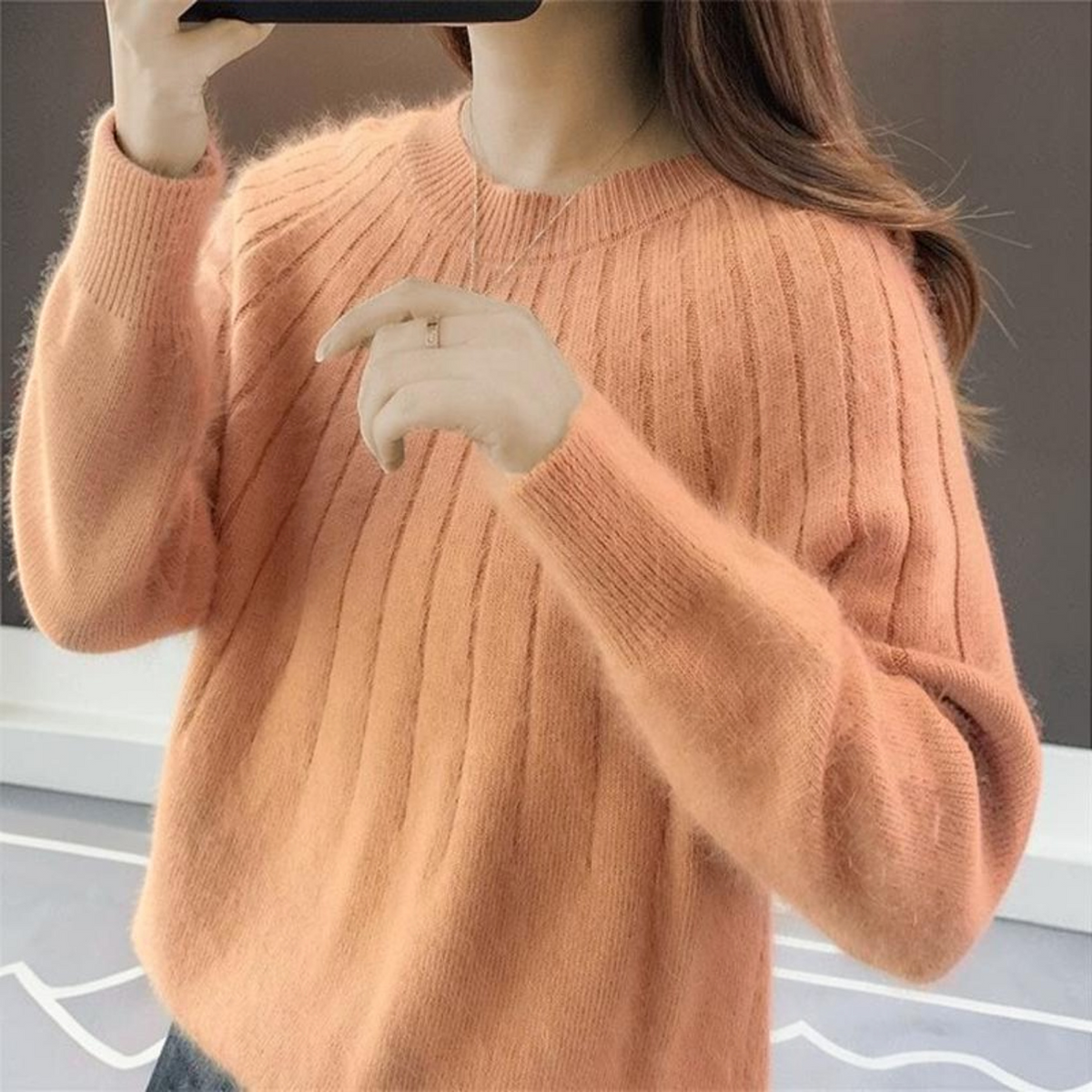 Womens Crewneck Knit Sweater with Ribbed Cuffs and Hip Length Cut