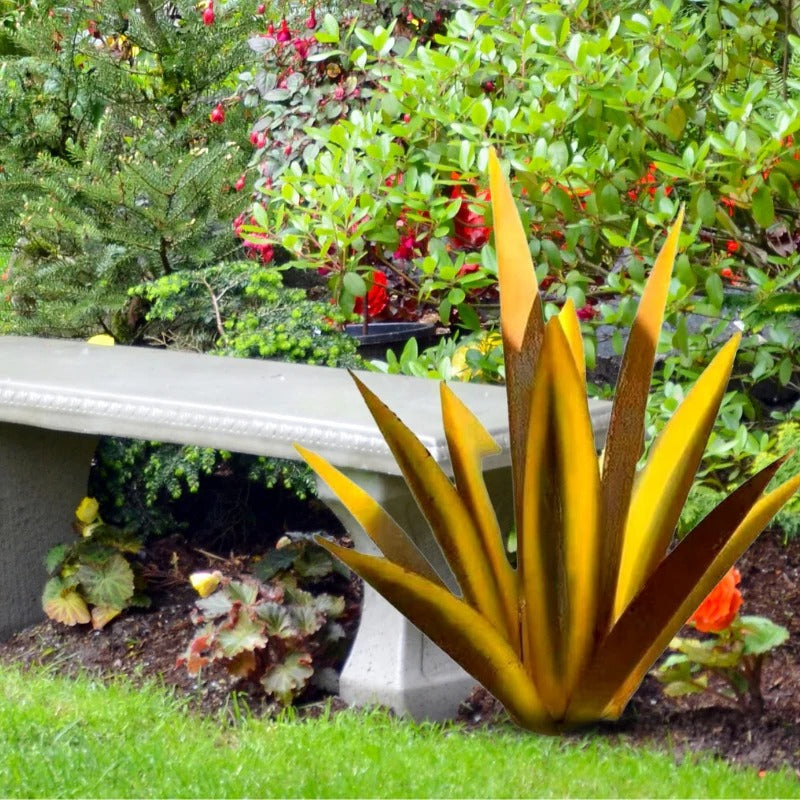 Metal Agave Plant Decorative Sculpture with Rust Finish and Weather Resistant Coating