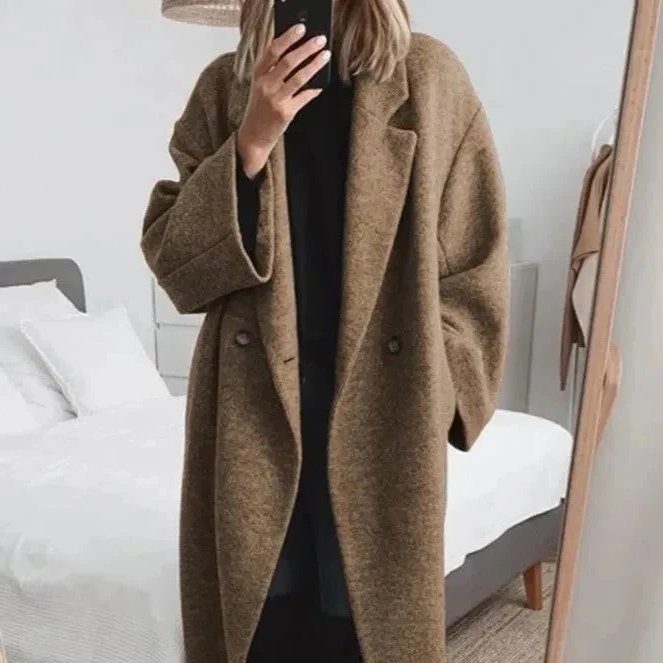Women Oversized Coat with Lapel Collar and Stretch Fabric Blend, Button Front