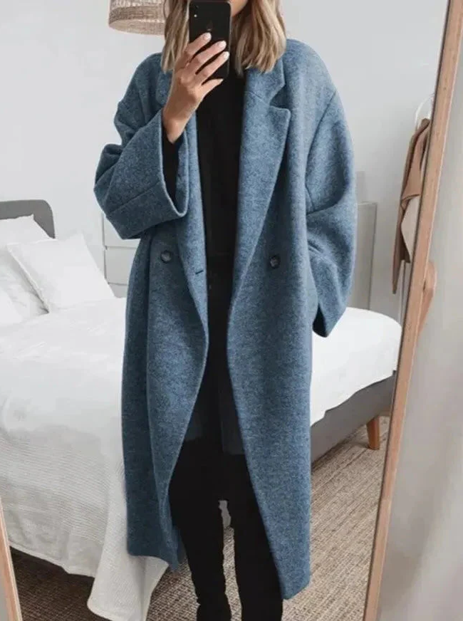 Women Oversized Coat with Lapel Collar and Stretch Fabric Blend, Button Front