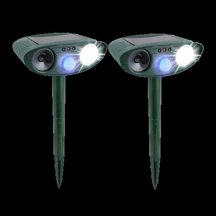 Solar Powered Ultrasonic Animal Repeller with Motion Sensor, Flashing LED Light and Ground Stake